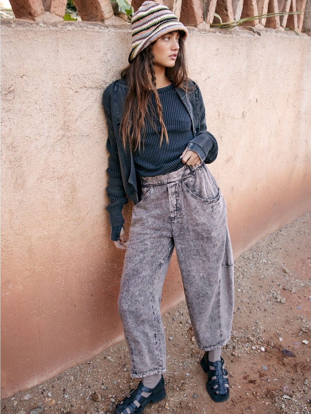 Free People High Road Pull On Barrel Washed Linen Gray Brown Walnut Pants XS